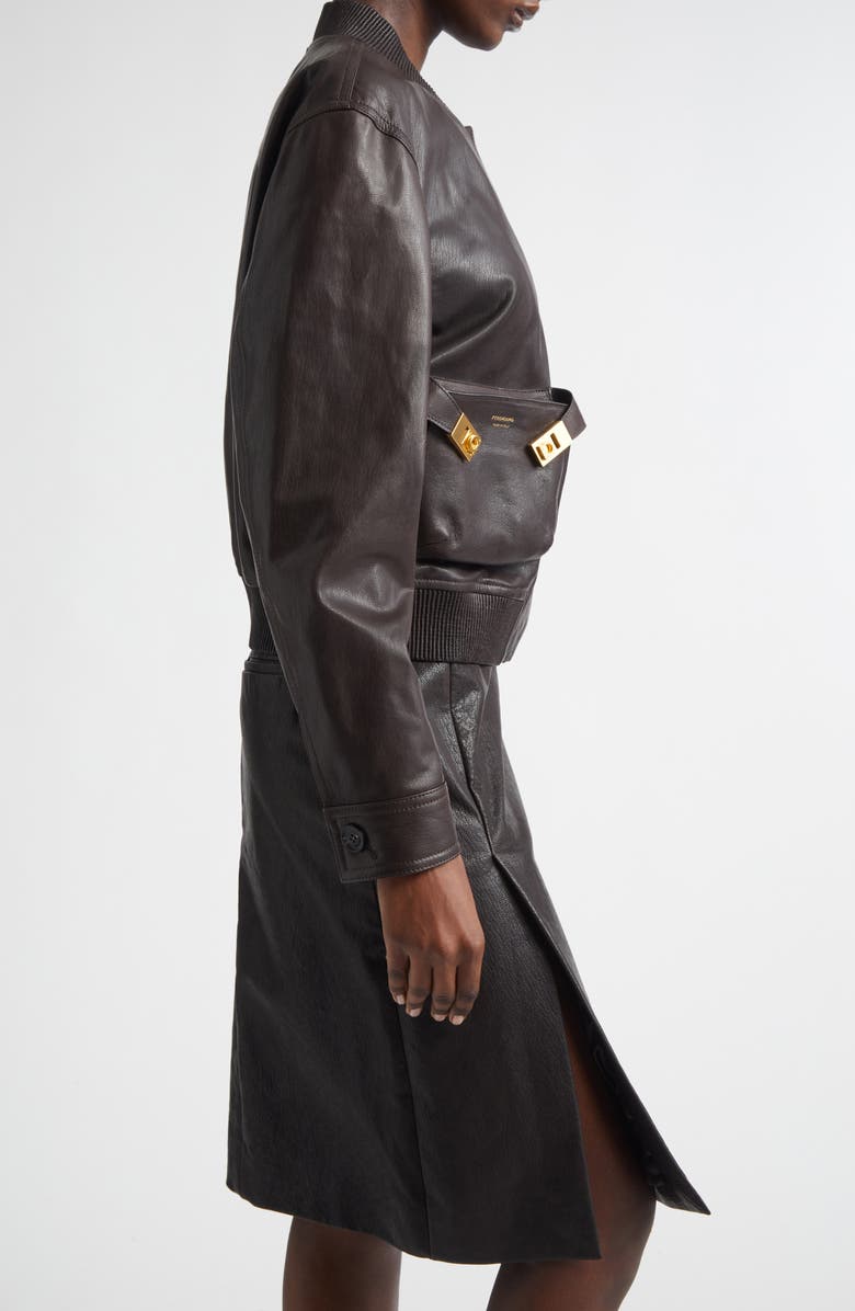 FERRAGAMO Hug Buckle Leather Bomber Jacket, Alternate, color, Expresso