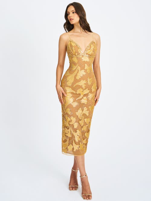 Miss Circle Women Edie Gold Beaded Sequin Midi Pencil Dress In Brown