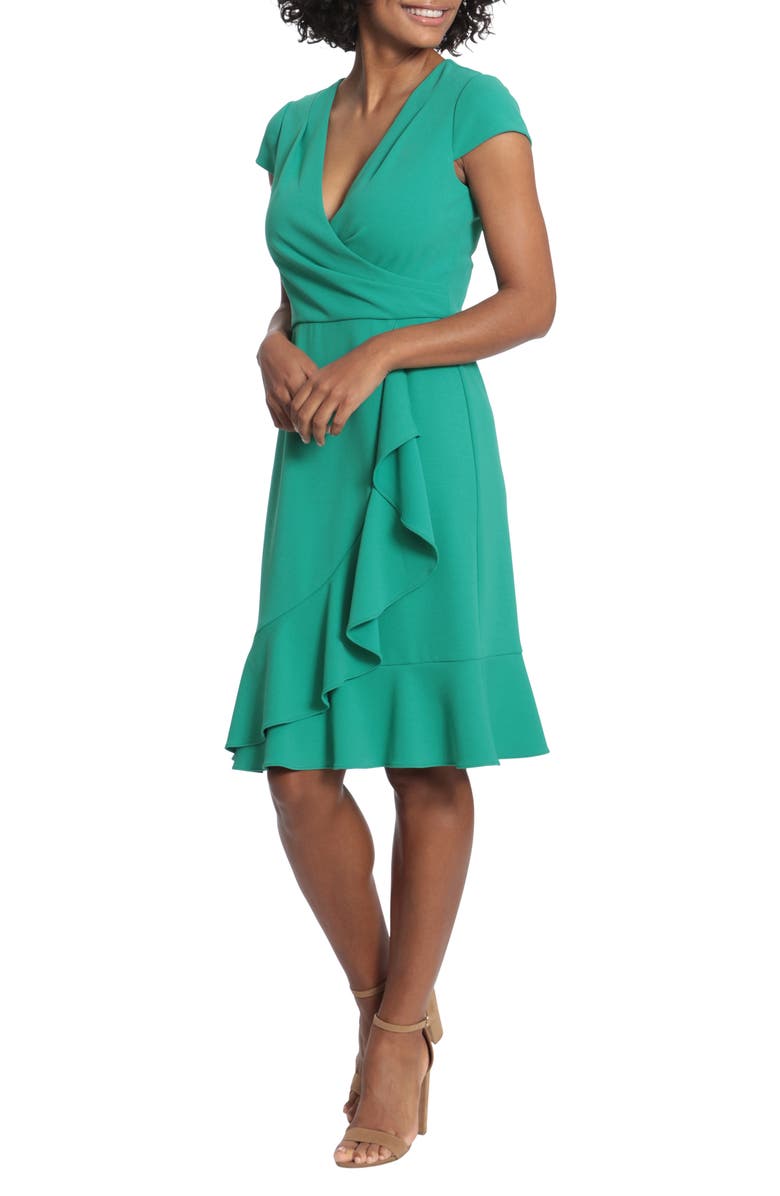 London Times Cap Sleeve Ruffle Faux Wrap Dress, Alternate, color, 