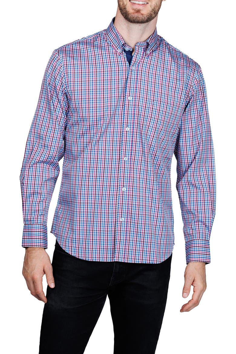 Check Print Performance Button Down Shirt, Alternate, color, BLUE MULTI