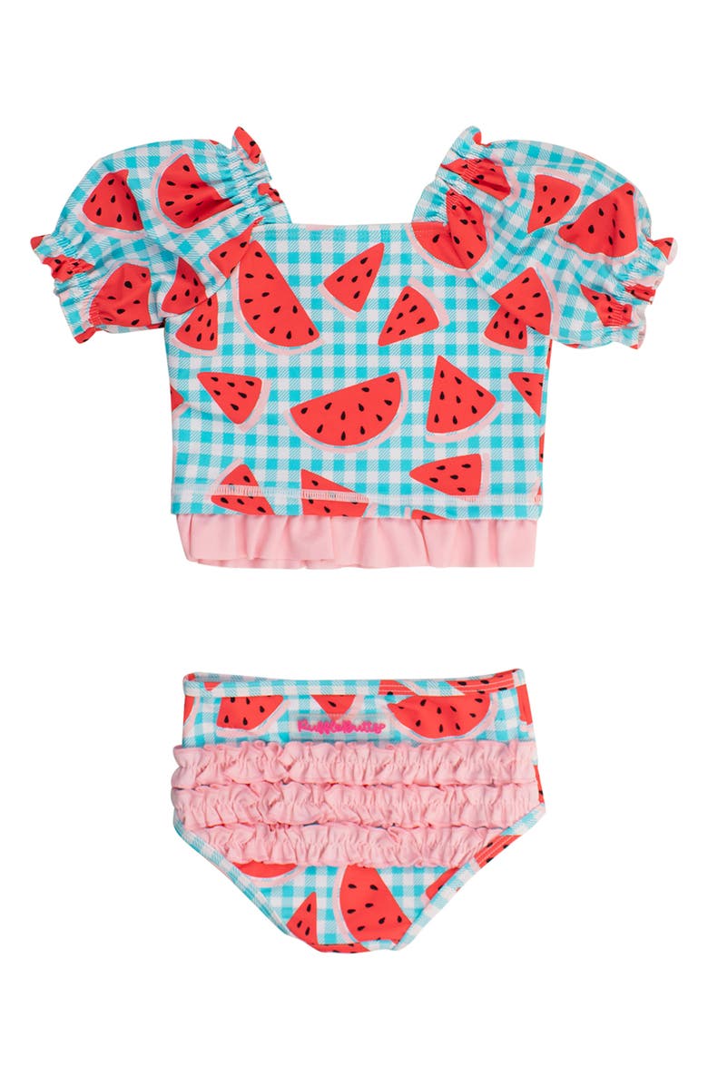 RuffleButts Kids' Watermelon Gingham Puff Sleeve Two-Piece Swimsuit, Alternate, color,