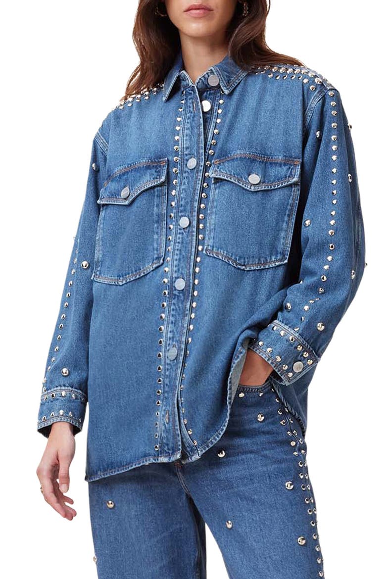 Alba Stud Detail Denim Button-Up Shirt, Main, color, MID INDIGO