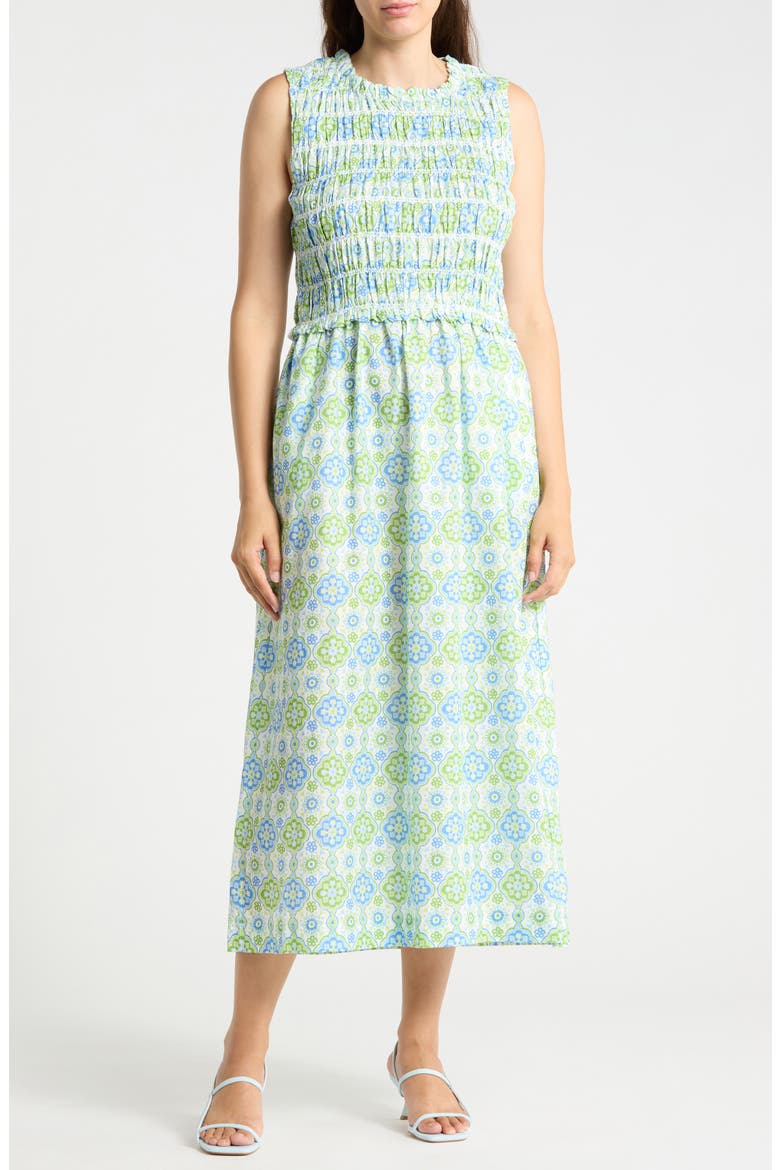 smocked printed sleeveless a line dress Women's Floral Print Midi Dress, Tiered A-Line Casual sure you will like it J.McLaughlin Women's Ciri Smocked Sleeveless
