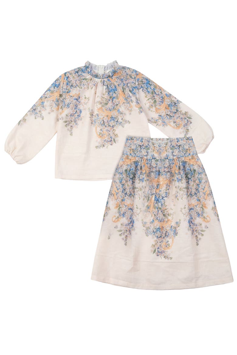 Border Floral Ruffled Blouse & Skirt 2 Piece Set, Main, color, Cream Floral