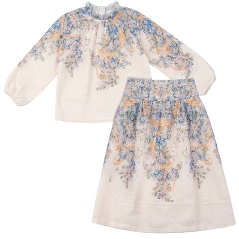 Border Floral Ruffled Blouse & Skirt 2 Piece Set