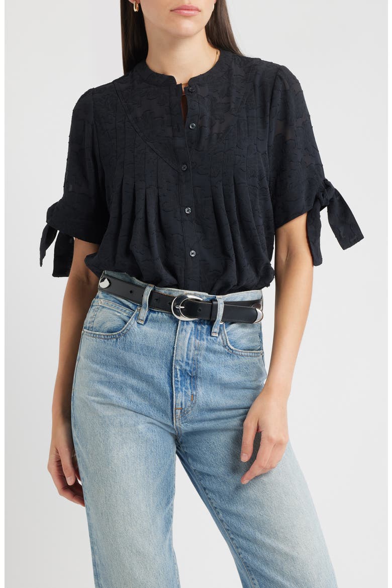 Tie Sleeve Jacquard Button-Up Shirt, Main, color, BLACK