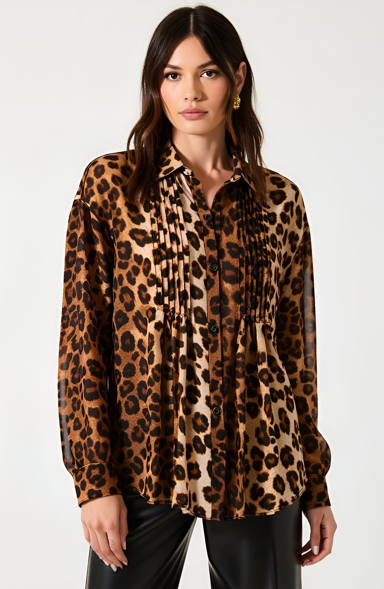 Modenaire Leopard Print Button-Up Blouse with Pleated Front and Classic Point Collar, Main, color, 