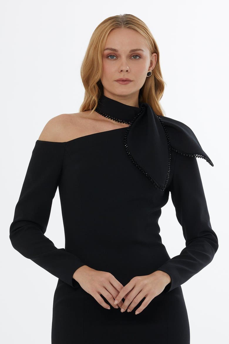 Embroidered Midi Dress with Back & Sleeve Zips, Alternate, color, Black