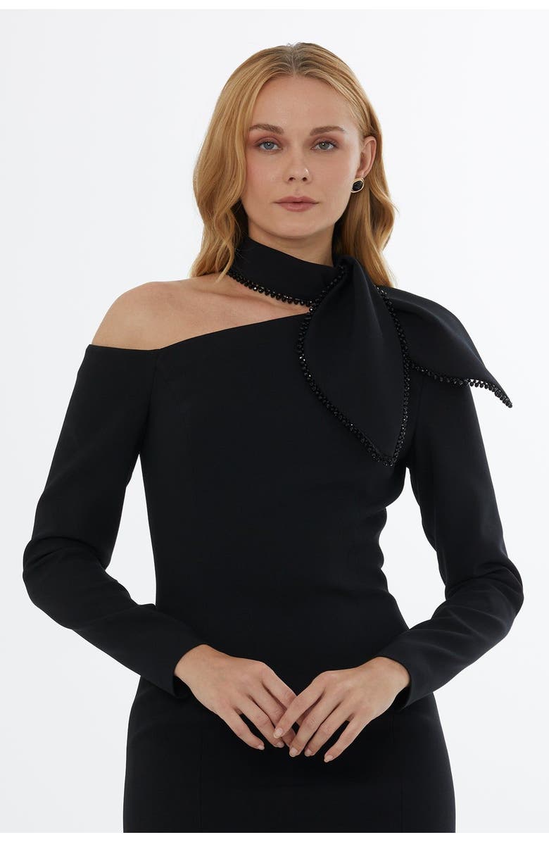 Gizia Embroidered Dress with Back and Sleeve Zips, Alternate, color, Black