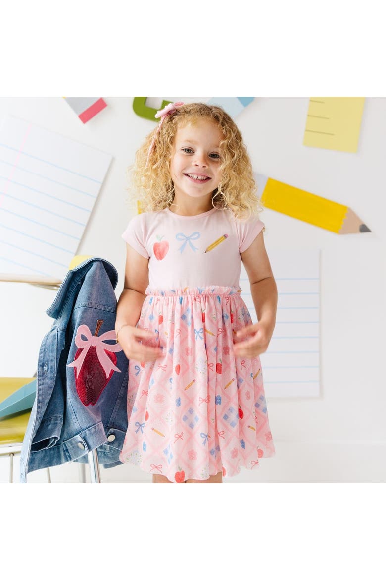 Back To School Trellis Short Sleeve Tutu Dress, Alternate, color, Pale Pink