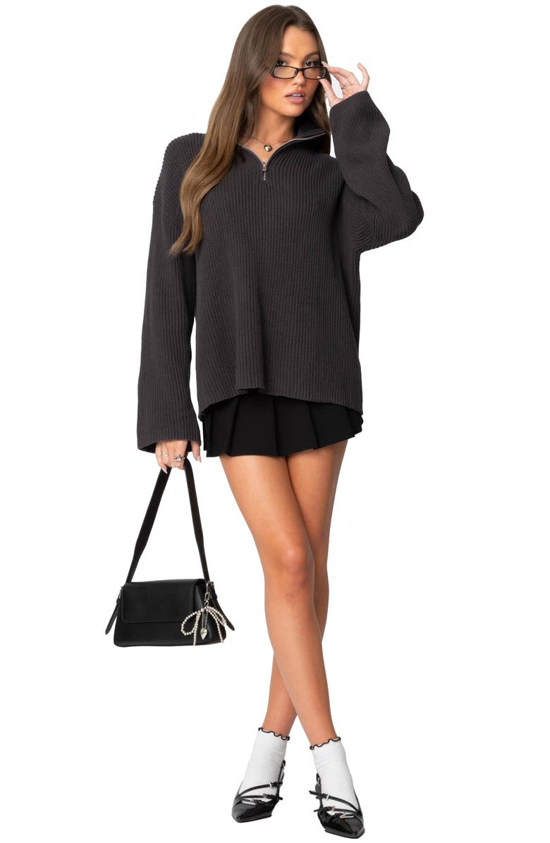 EDIKTED Amour High Neck Oversize Half Zip Knit Pullover, Alternate, color, Dark Gray