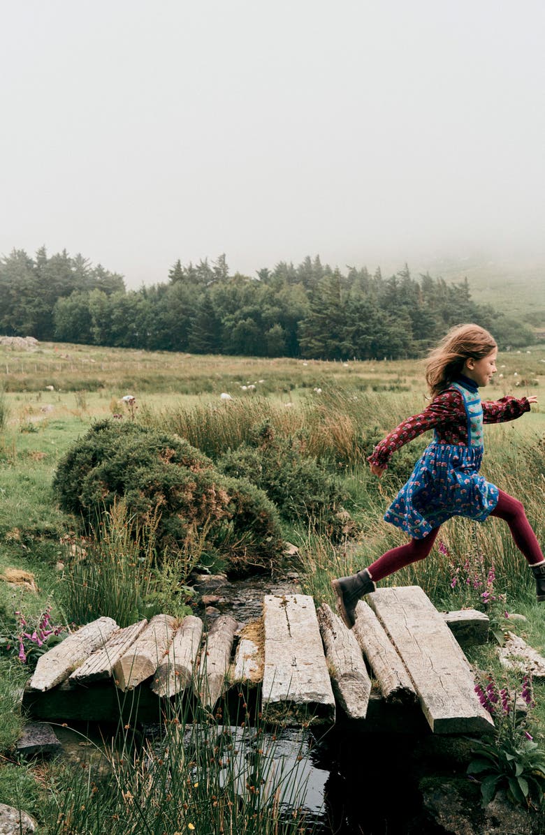 Mini Boden Kids' Floral Print Cotton Jersey Dress, Alternate, color, Bright Blue Woodblock Flower