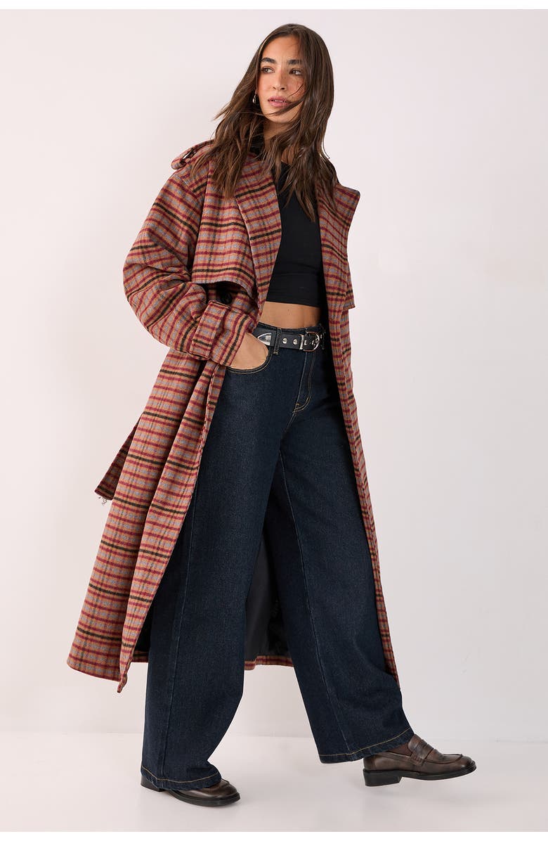 NASTY GAL Check Vinyl Collar Trench Coat, Alternate, color, Brown