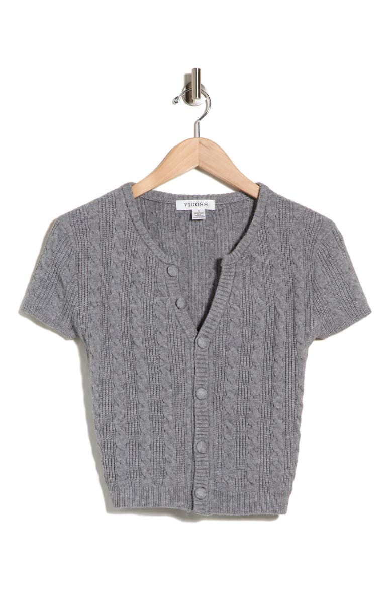 Cable Short Sleeve Cardigan, Alternate, color, HEATHER GREY
