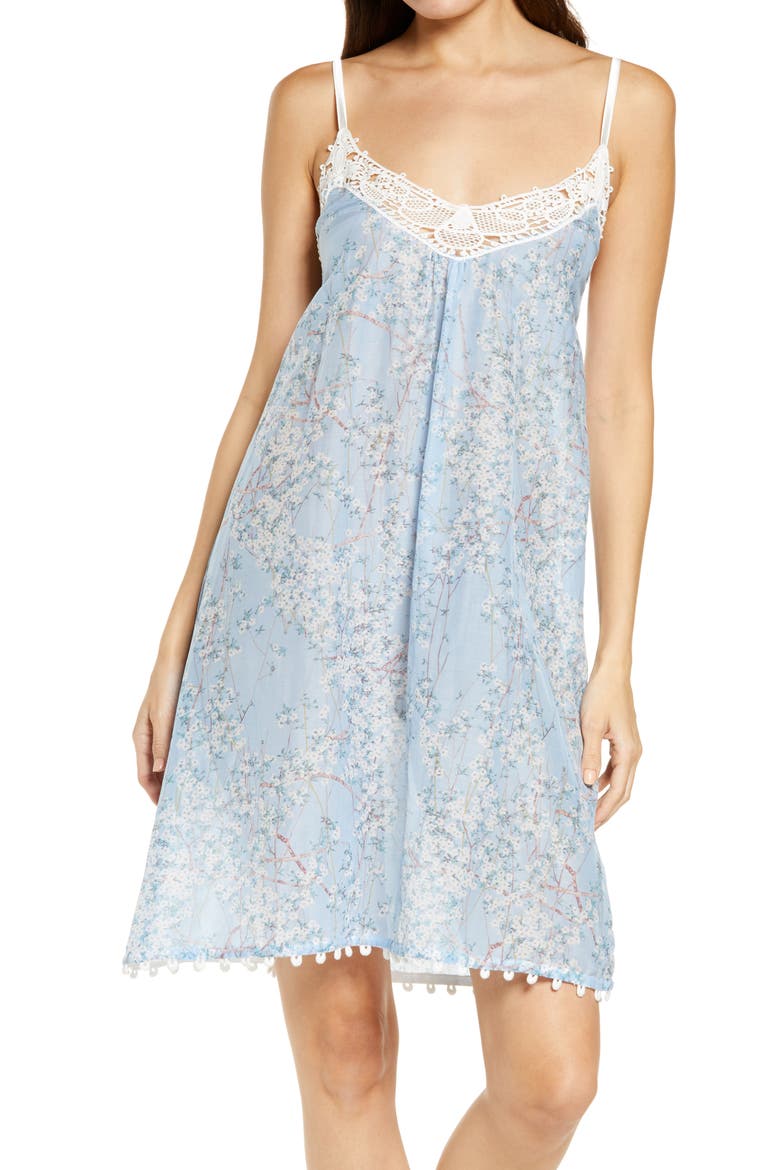 Cherry Blossom Lace Trim Cotton & Silk Chemise, Main, color, INDIGO BLUE
