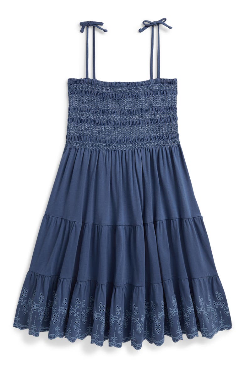 Kids' Smocked Bodice Tiered Cotton Jersey Sundress, Main, color, EARTH BLUE