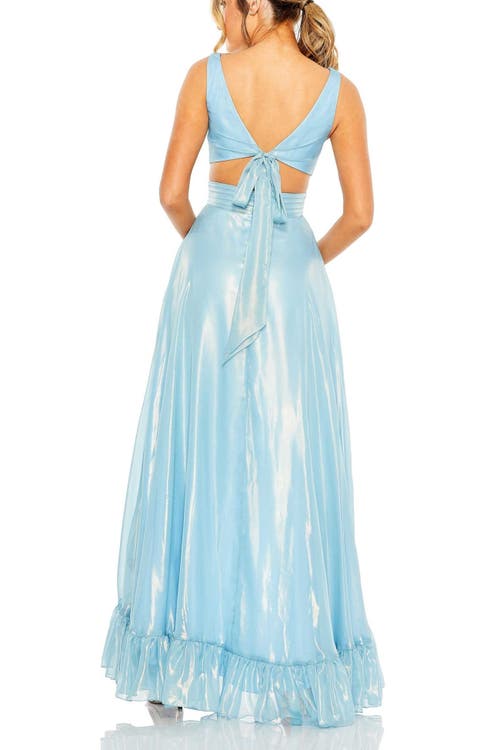 Mac Duggal Cut Out High Low Ruffle Gown In Blue