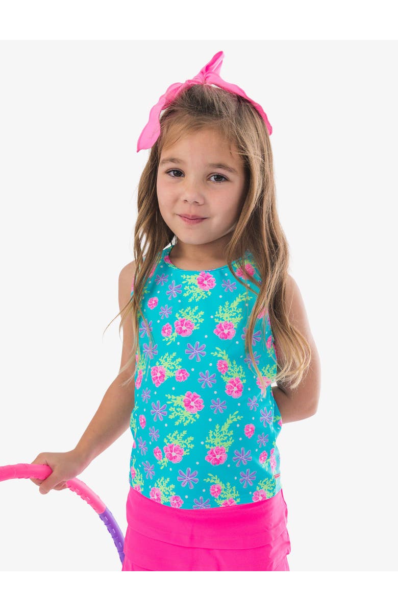 RuffleButts Girls UPF50+ Active Tank Top, Alternate, color, Neon Happy Hibiscus