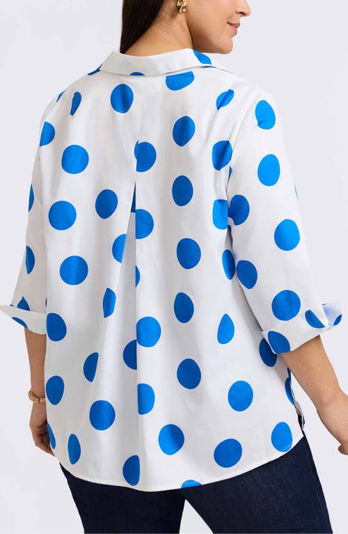 Foxcroft Agnes Dot Print Three-quarter Sleeve Cotton Popover Top In White/blue