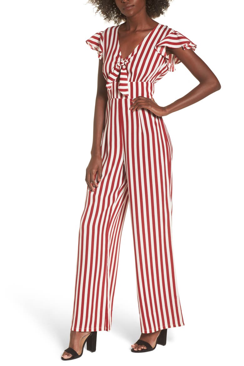 Tie Front Wide Leg Jumpsuit, Main, color, RED WHITE STRIPE