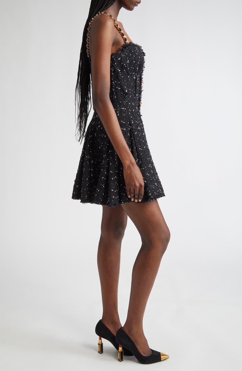 Balmain Chain Strap Polka Dot Tweed Fit & Flare Dress, Alternate, color, Blk/ White
