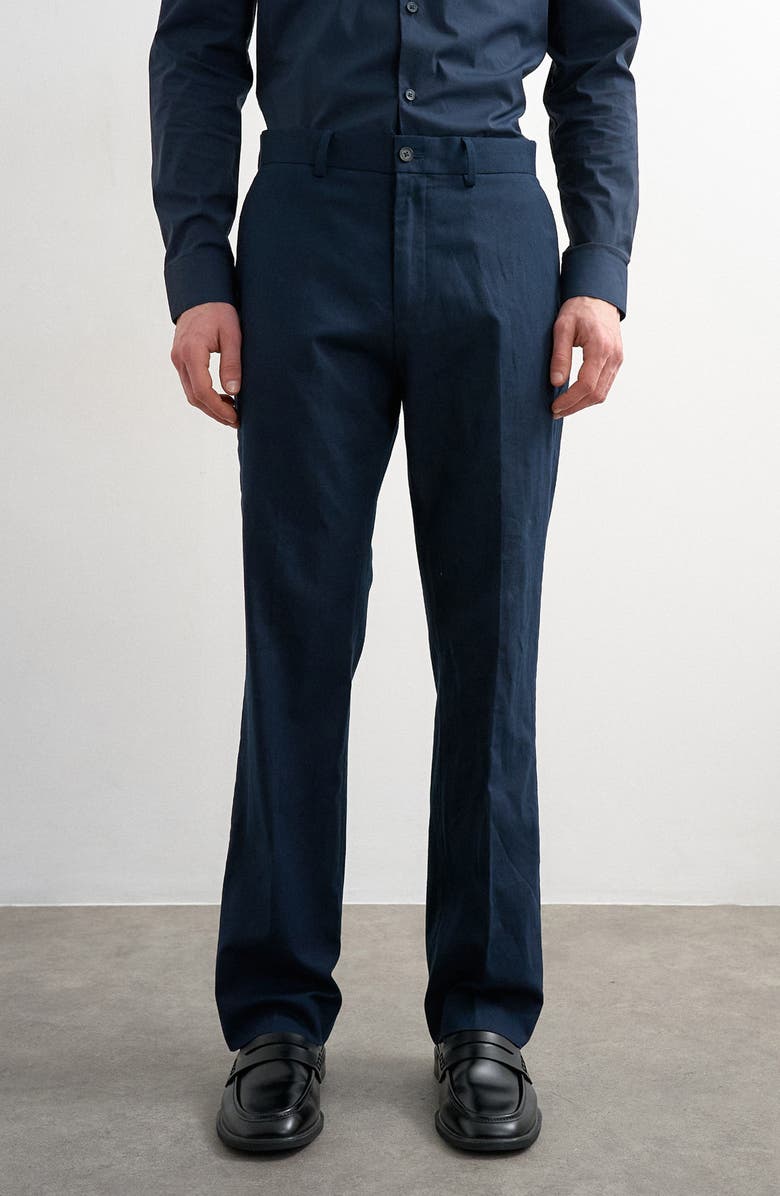 Topman Linen Blend Straight Leg Pants, Main, color, Navy