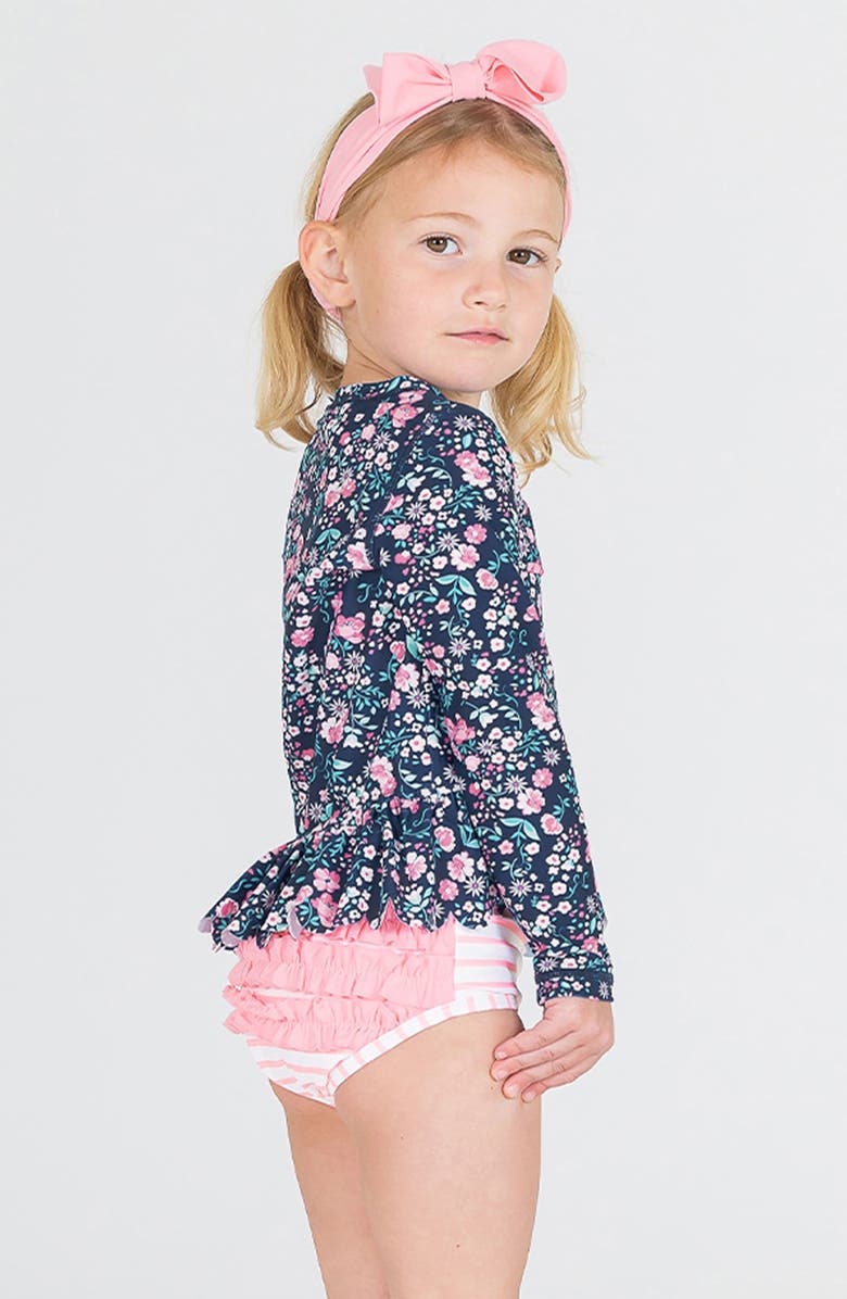 RuffleButts Moonlit Meadow Scalloped Long Sleeve Two-Piece Rashguard Swimsuit, Alternate, color, Blue