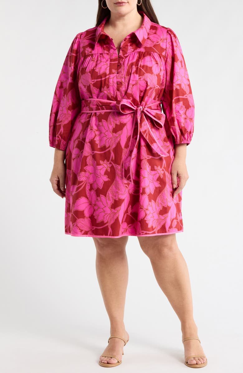 SUGARLIPS Craney Floral Print Tie Waist Long Sleeve Shirtdress, Main, color, Burgundy-Pink