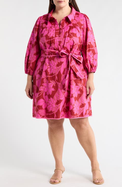 Craney Floral Print Tie Waist Long Sleeve Shirtdress (Plus)