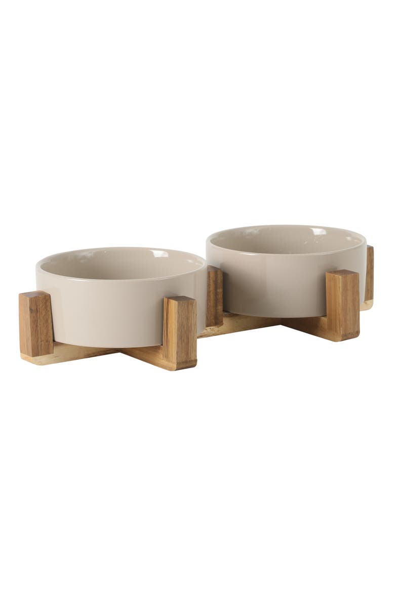Zoomie Bites Ceramic Pet Bowl with Acacia Wood Stand, Main, color, Taupe