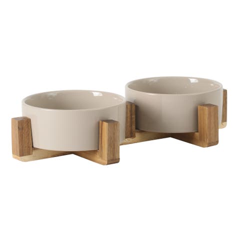 Zoomie Bites Ceramic Pet Bowl with Acacia Wood Stand
