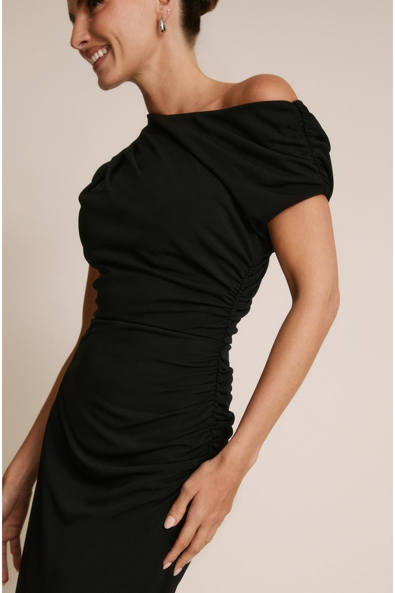 Slash Neck Draped Bridesmaid Dress, Alternate, color, Black