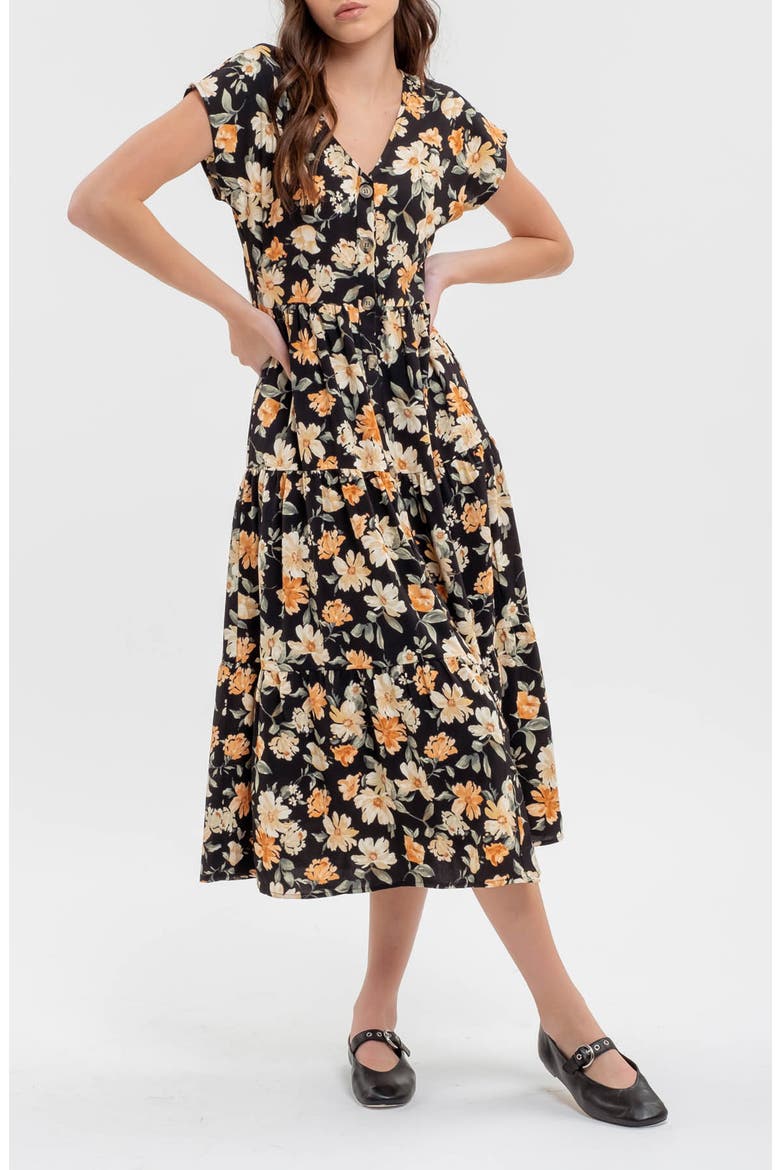 Floral Button-Up Midi Dress, Main, color, BLACK MULTI