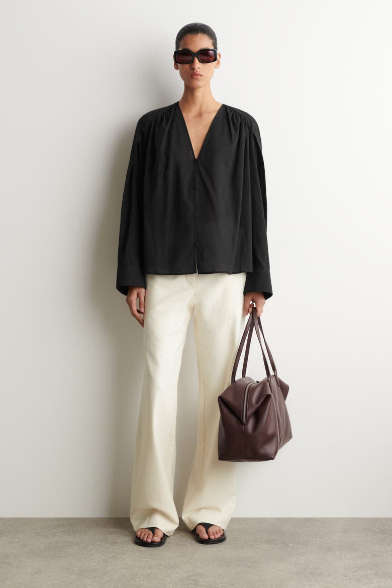 Gathered Lightweight Cotton V-neck Shirt, Alternate, color, BLACK