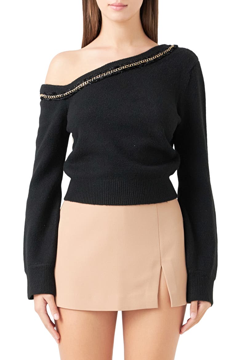 Chain Trim One-Shoulder Sweater, Main, color, BLACK