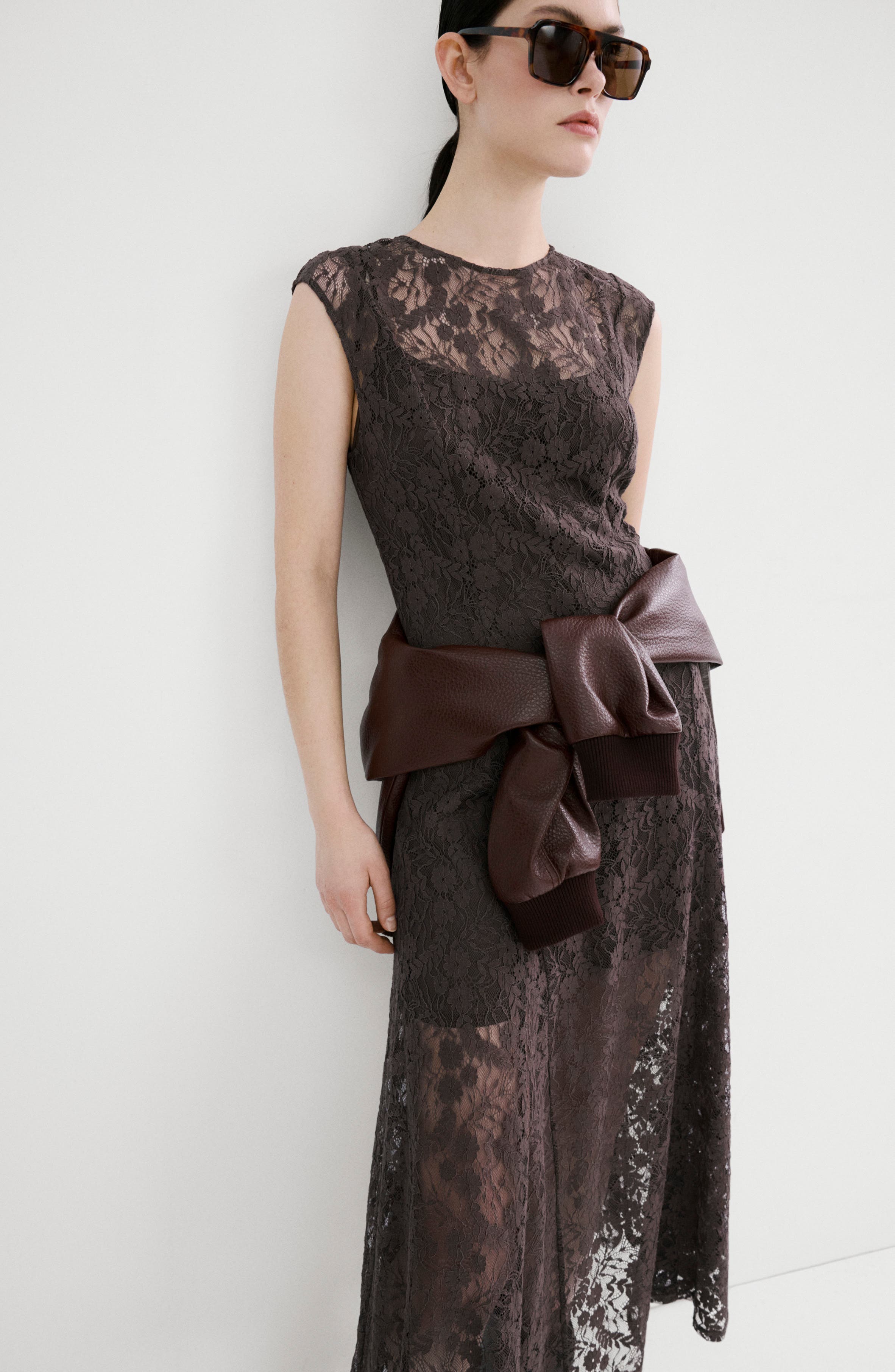 mango lace midi dress MANGO - Semi-transparent Lace long Dress Brown