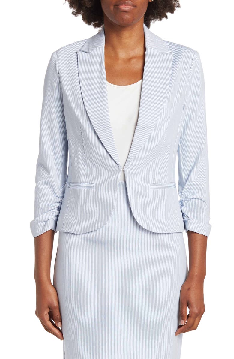 Amanda & Chelsea 3/4 Scrunch Sleeve Mini Stripe Jacket, Alternate, color, Blue/ White