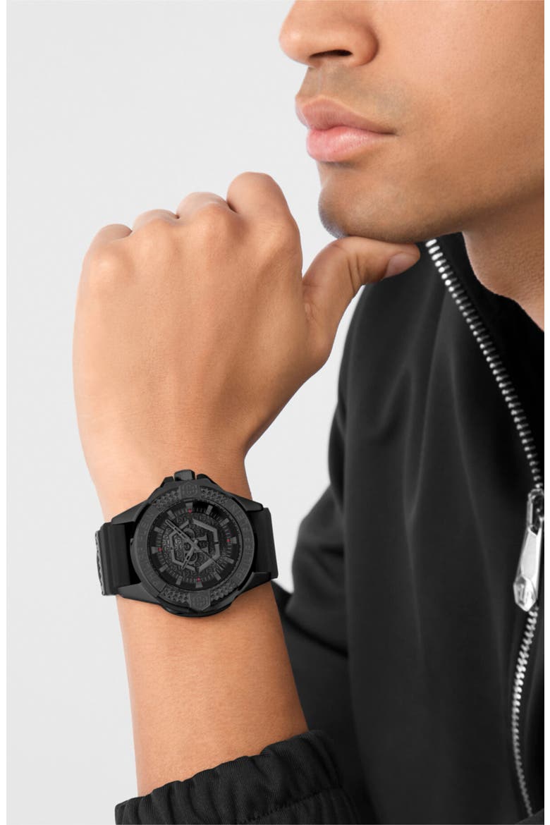 Plein Majesty Silicone Strap Watch, 45mm, Alternate, color, IP BLACK