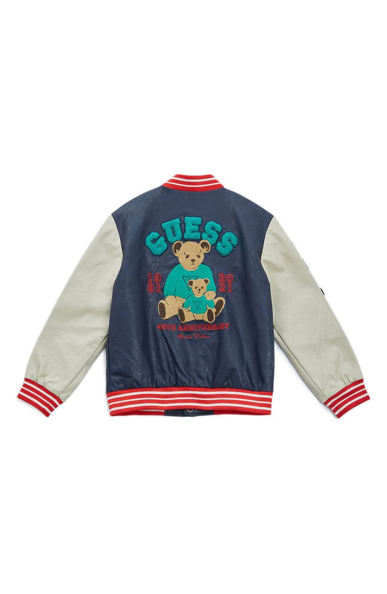 GUESS Kids' Faux Leather Bear Bomber Jacket, Alternate, color,
