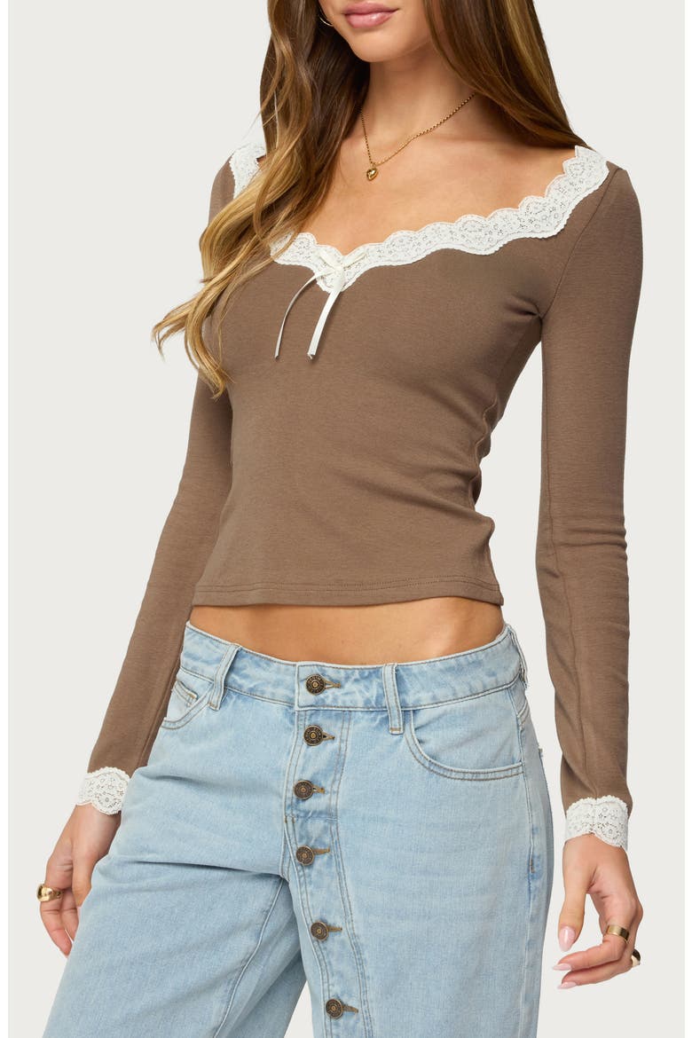 Contrast Lace Trim Long Sleeve Top, Alternate, color, BROWN