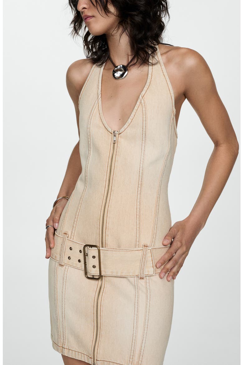 Belted Halter Denim Minidress, Alternate, color, SAND