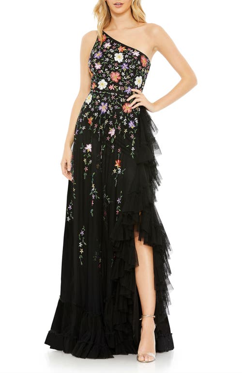 MAC DUGGAL MAC DUGGAL BEADED ONE-SHOULDER CHIFFON GOWN WITH RUFFLED SLIT AND ASYMMETRICAL HEM
