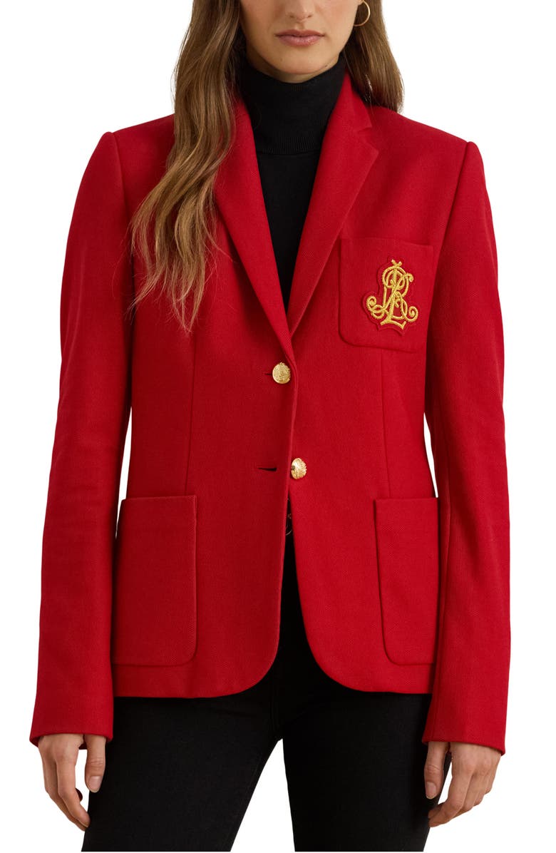 Lauren Ralph Lauren Bullion Jacquard Logo Patch Cotton Blend Blazer, Main, color, Ralph Red