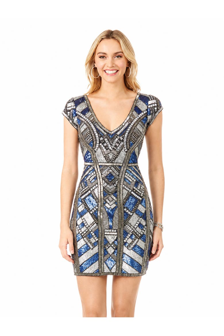 Beaded, V-neck Mini Dress, Main, color, Navy/Silver