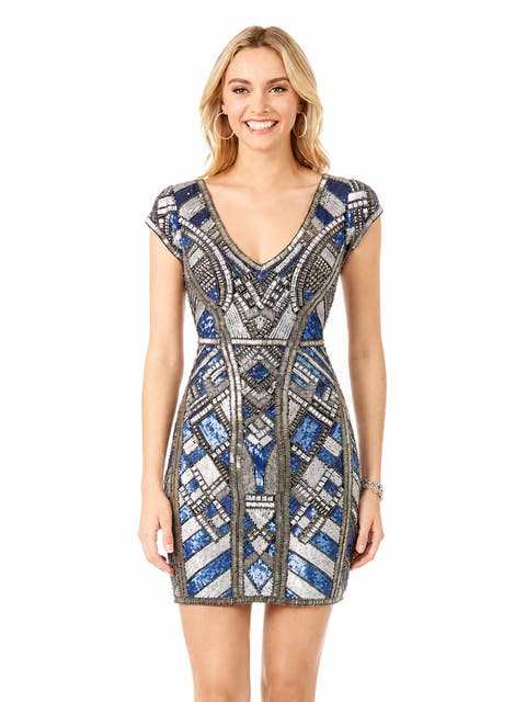 Beaded, V-neck Mini Dress
