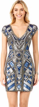 LARA New York Beaded, V-neck Mini Dress