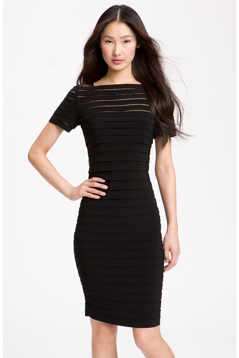 Illusion Bodice Pleated Jersey Sheath Dress, Main, color, BLACK