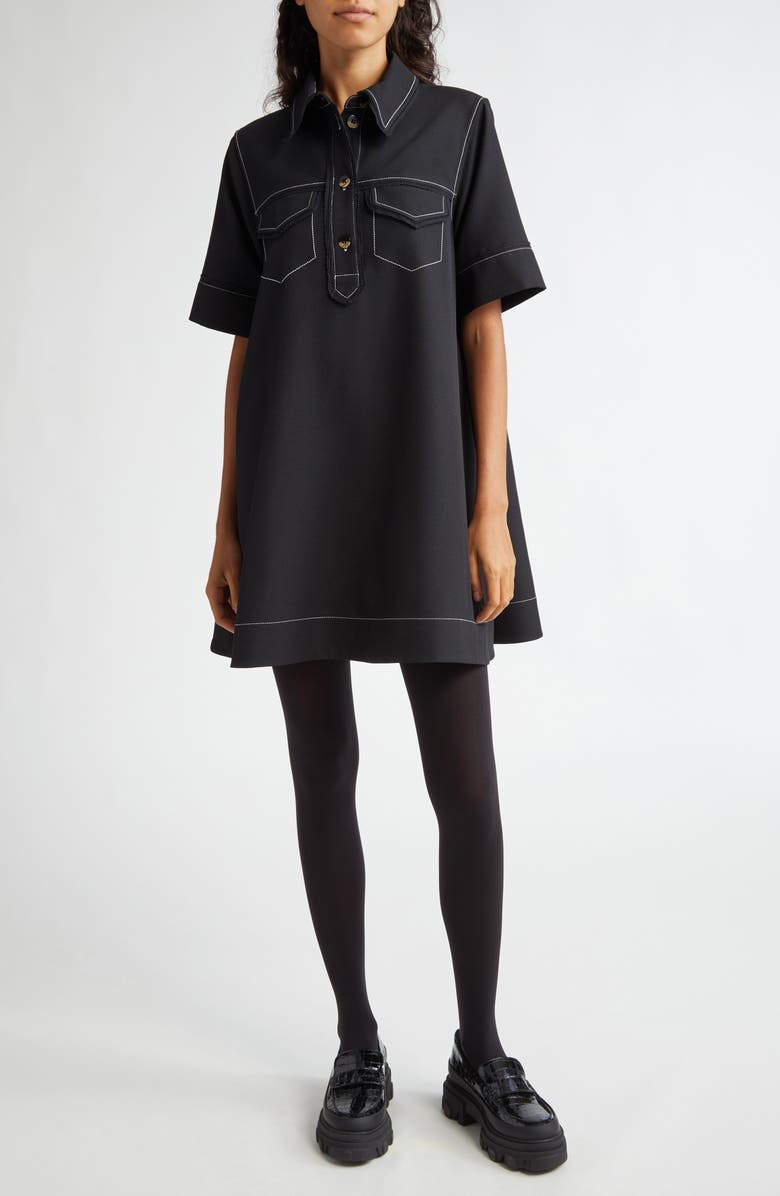 Ganni Sable Topstitch Detail Crepe Swing Minidress, Main, color, Black