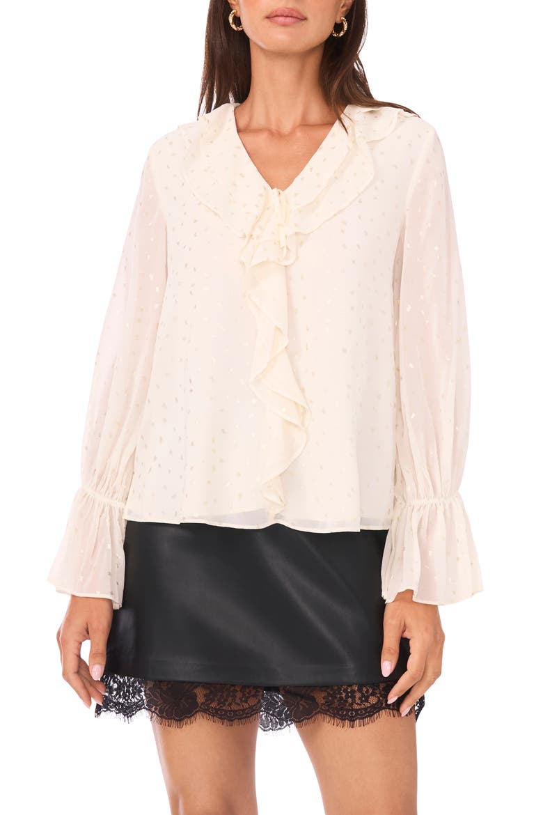 Double Ruffle V-Neck Top, Main, color, BIRCH