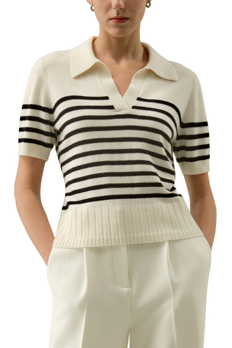 Women's Striped Cashmere Polo Sweater, Main, color, Black&White Stripes